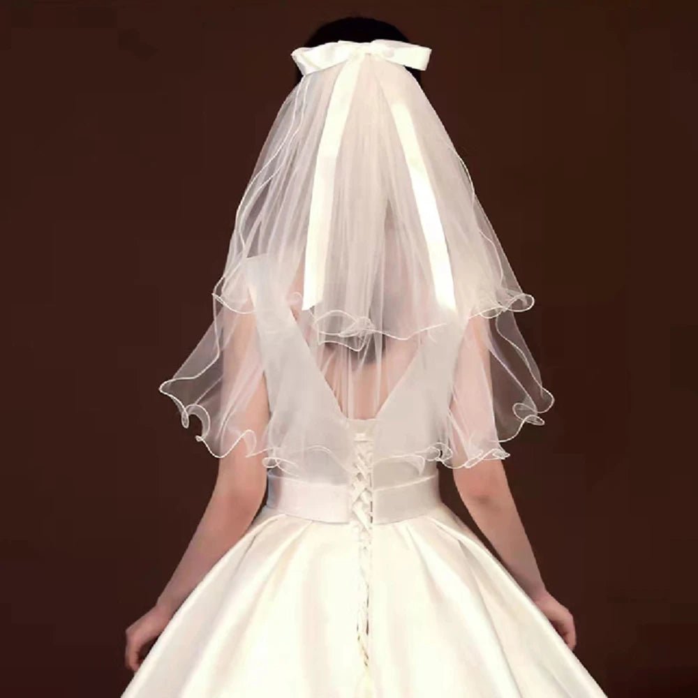Ribbon Bow & Pearl Elbow-Length Wedding Veil - Luzilly Bridal & Apparel