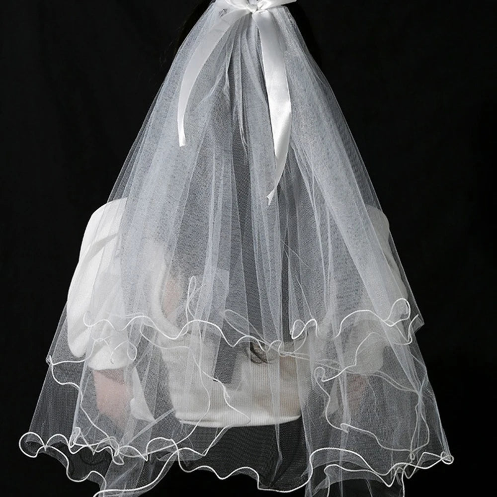 Ribbon Bow & Pearl Elbow-Length Wedding Veil - Luzilly Bridal & Apparel