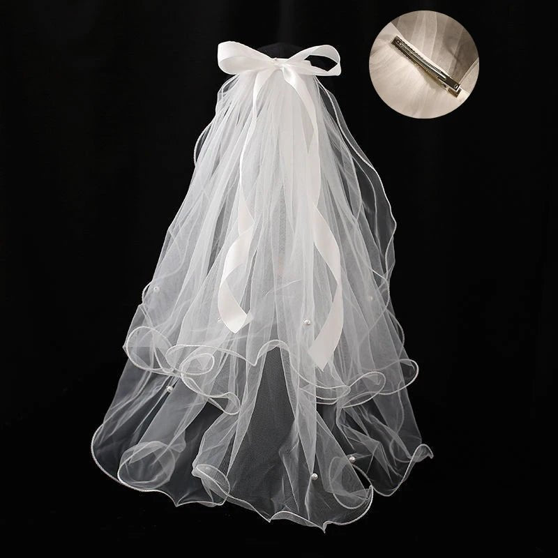 Ribbon Bow & Pearl Elbow-Length Wedding Veil - Luzilly Bridal & Apparel