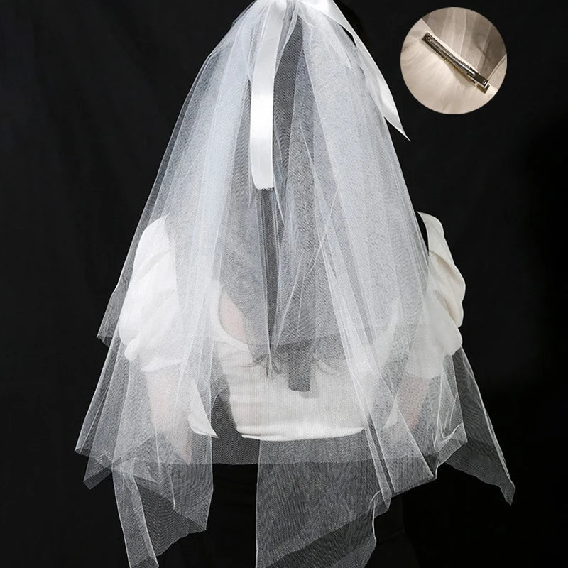 Ribbon Bow & Pearl Elbow-Length Wedding Veil - Luzilly Bridal & Apparel