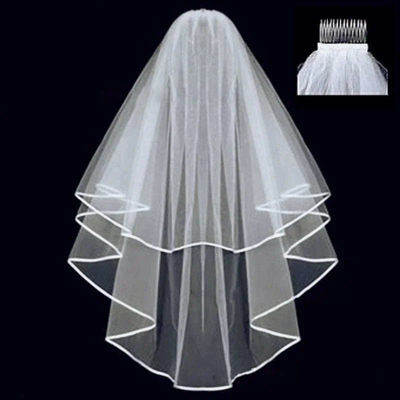 Ribbon-Edge Two-Layer Tulle Fingertip Wedding Veil - Luzilly Bridal & Apparel