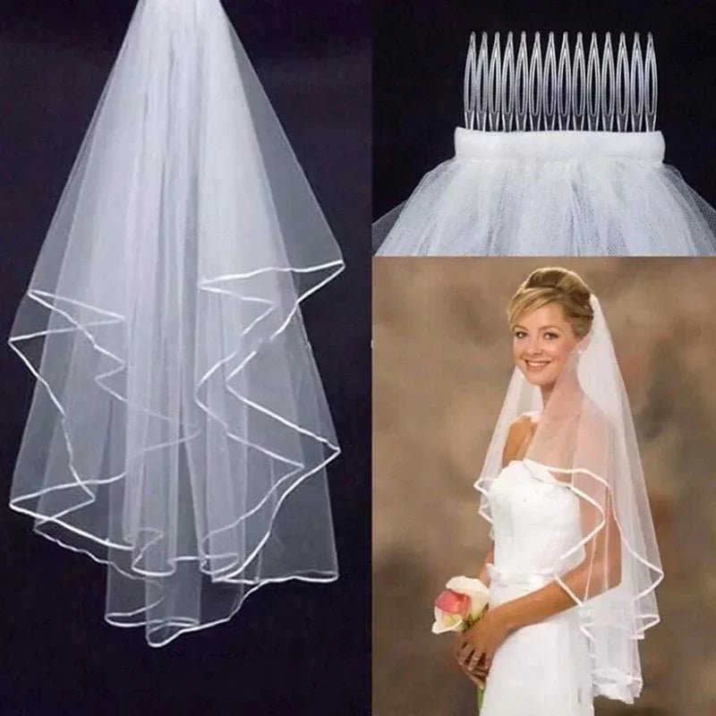 Ribbon-Edge Two-Layer Tulle Fingertip Wedding Veil - Luzilly Bridal & Apparel