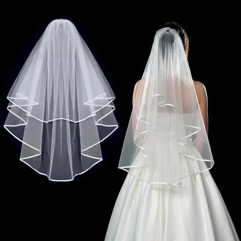 Ribbon-Edge Two-Layer Tulle Fingertip Wedding Veil - Luzilly Bridal & Apparel