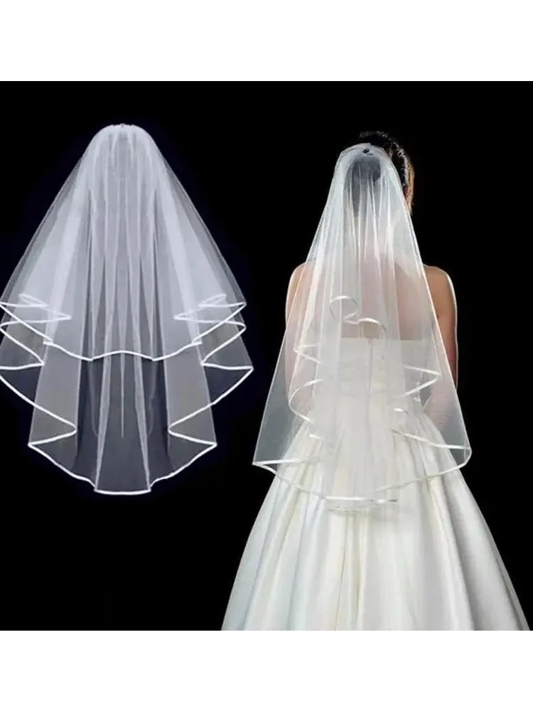 Ribbon-Edge Two-Layer Tulle Fingertip Wedding Veil - Luzilly Bridal & Apparel