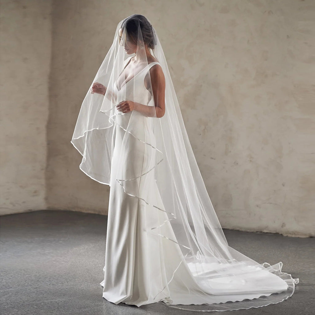 Ribbon Edge Two-Tier Cathedral Wedding Veil - Luzilly Bridal & Apparel