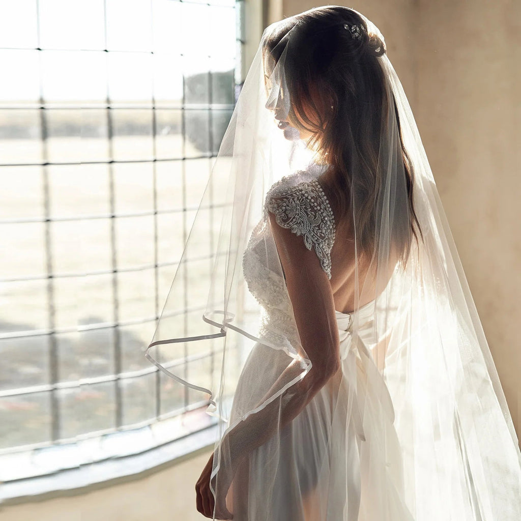 Ribbon Edge Two-Tier Cathedral Wedding Veil - Luzilly Bridal & Apparel