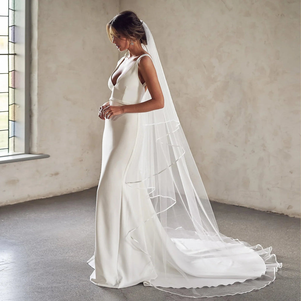 Ribbon Edge Two-Tier Cathedral Wedding Veil - Luzilly Bridal & Apparel