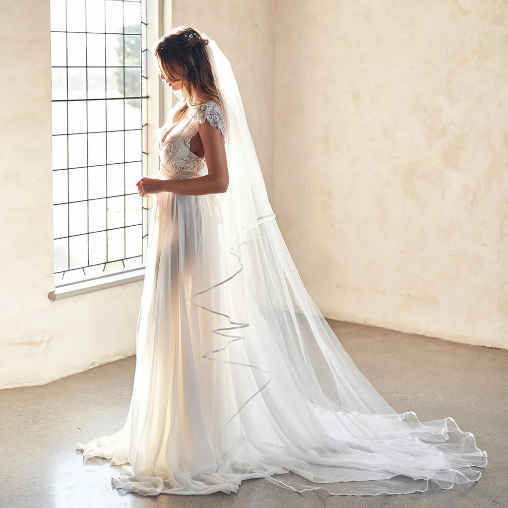 Ribbon Edge Two-Tier Cathedral Wedding Veil - Luzilly Bridal & Apparel