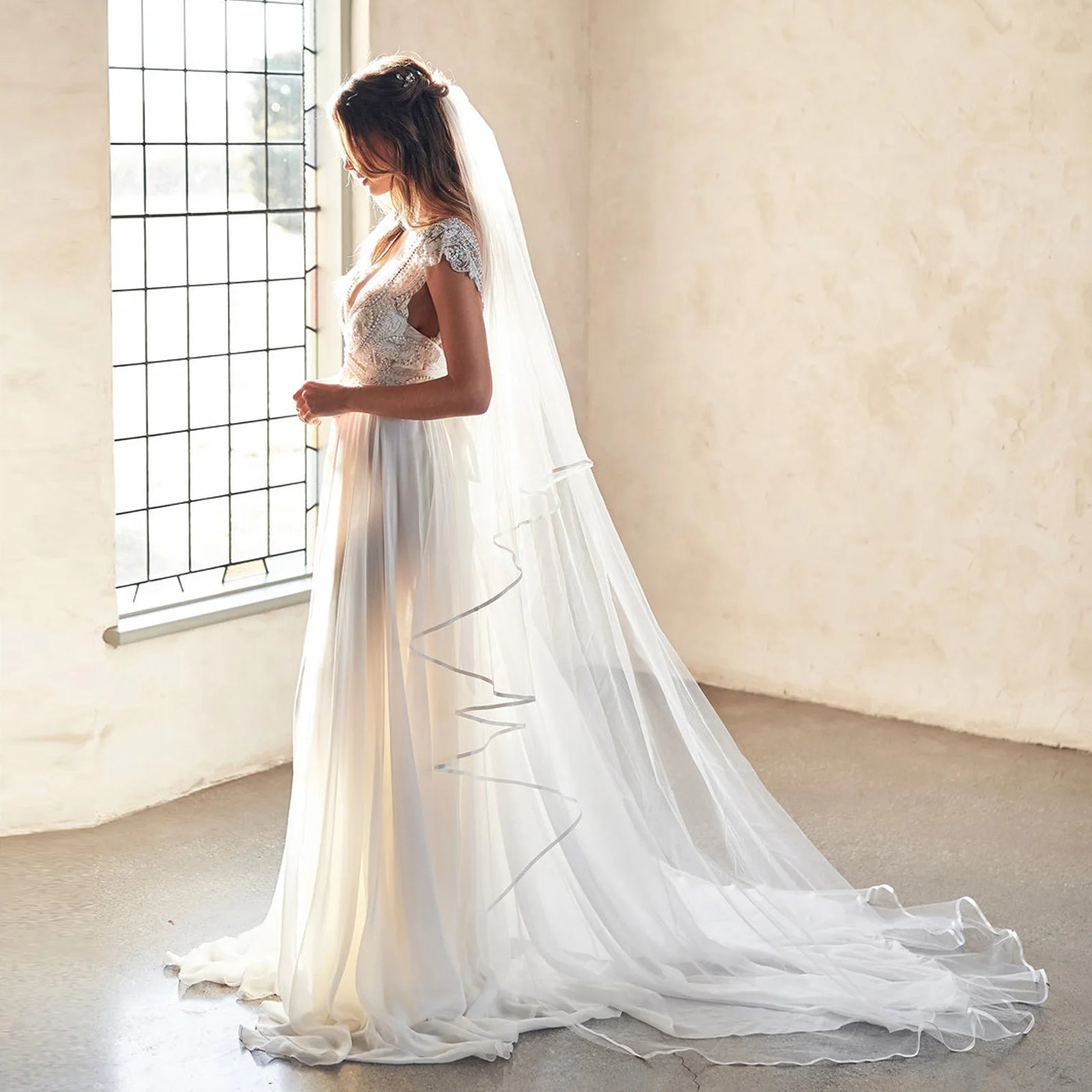 Ribbon Edge Two-Tier Cathedral Wedding Veil - Luzilly Bridal & Apparel