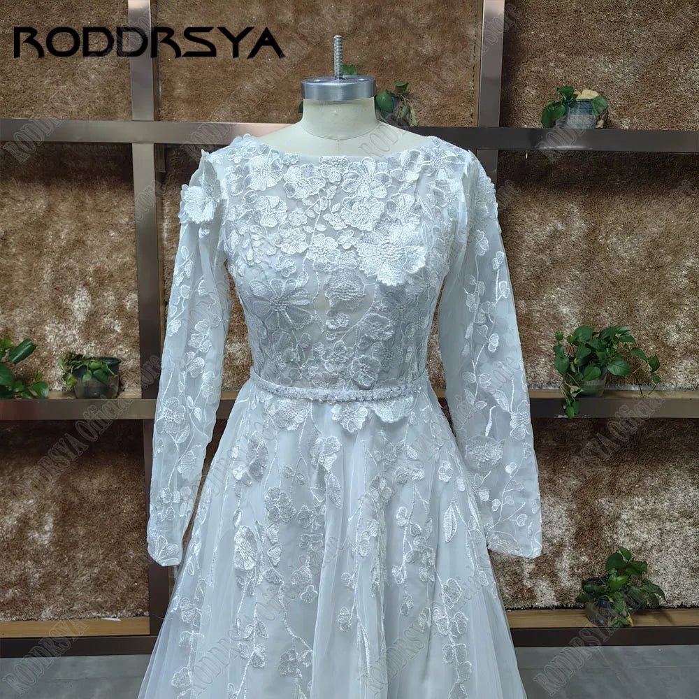 RODDRSYA Muslim Wedding Dresses 2025 Bride Long Sleeves Flowers A-Line Lace Bride Gowns Applique robe mariée boheme Customized - Luzilly Bridal & Apparel