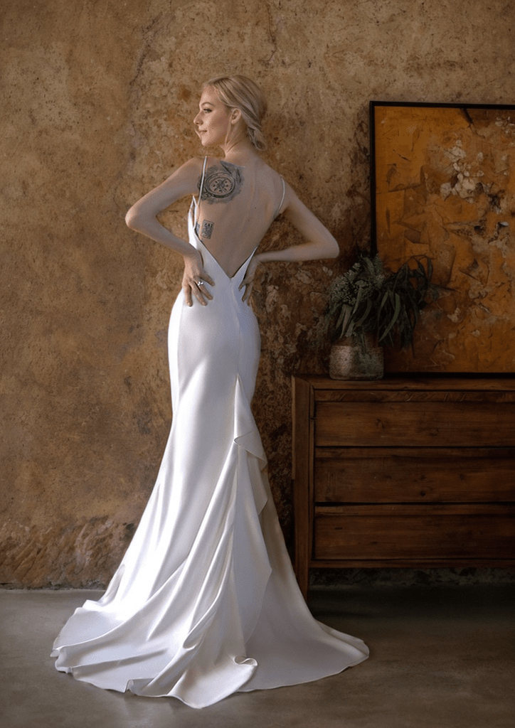 Romantic Draped Cowl Neck Satin Wedding Dress with Low Back and Train - Luzilly Bridal & Apparel