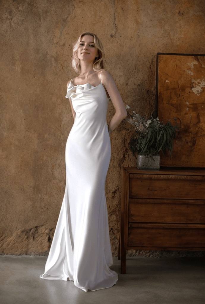 Romantic Draped Cowl Neck Satin Wedding Dress with Low Back and Train - Luzilly Bridal & Apparel