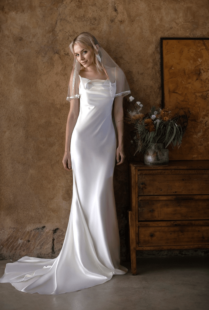 Romantic Draped Cowl Neck Satin Wedding Dress with Low Back and Train - Luzilly Bridal & Apparel