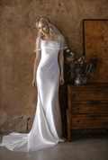 Romantic Draped Cowl Neck Satin Wedding Dress with Low Back and Train - Luzilly Bridal & Apparel