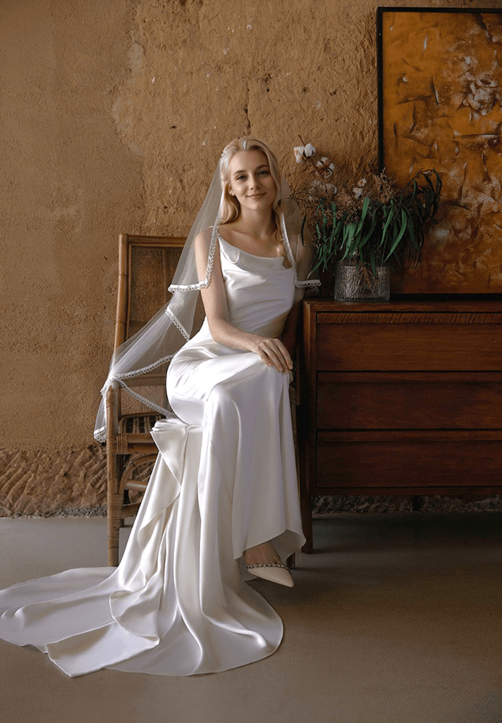 Romantic Draped Cowl Neck Satin Wedding Dress with Low Back and Train - Luzilly Bridal & Apparel