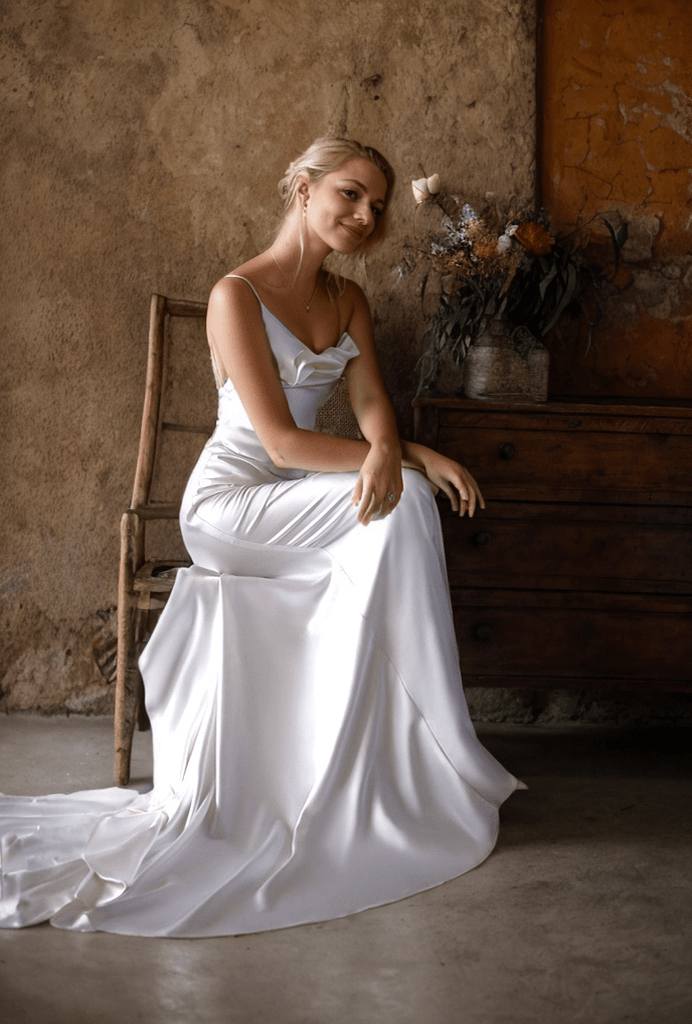 Romantic Draped Cowl Neck Satin Wedding Dress with Low Back and Train - Luzilly Bridal & Apparel