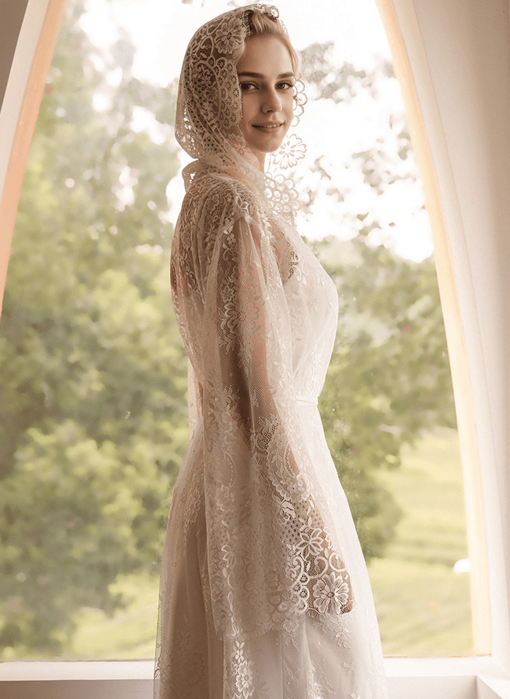 Romantic Floral Lace Hooded Bridal Robe Set – Long Sheer Lace Cover-Up with Satin Slip - Luzilly Bridal & Apparel