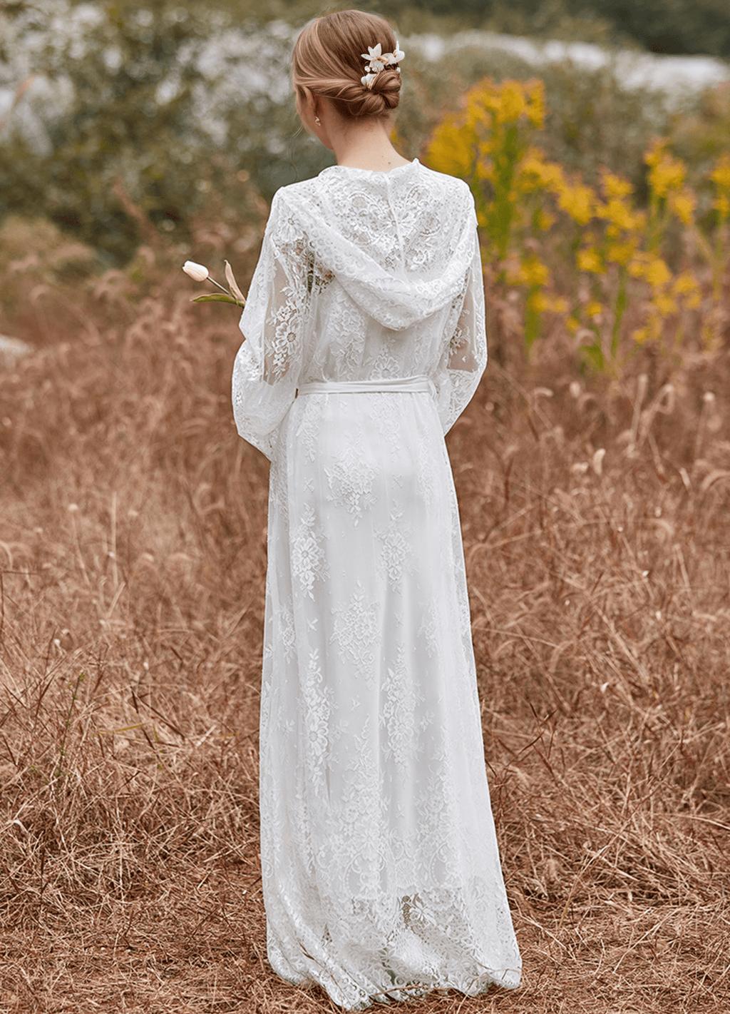 Romantic Floral Lace Hooded Bridal Robe Set – Long Sheer Lace Cover-Up with Satin Slip - Luzilly Bridal & Apparel