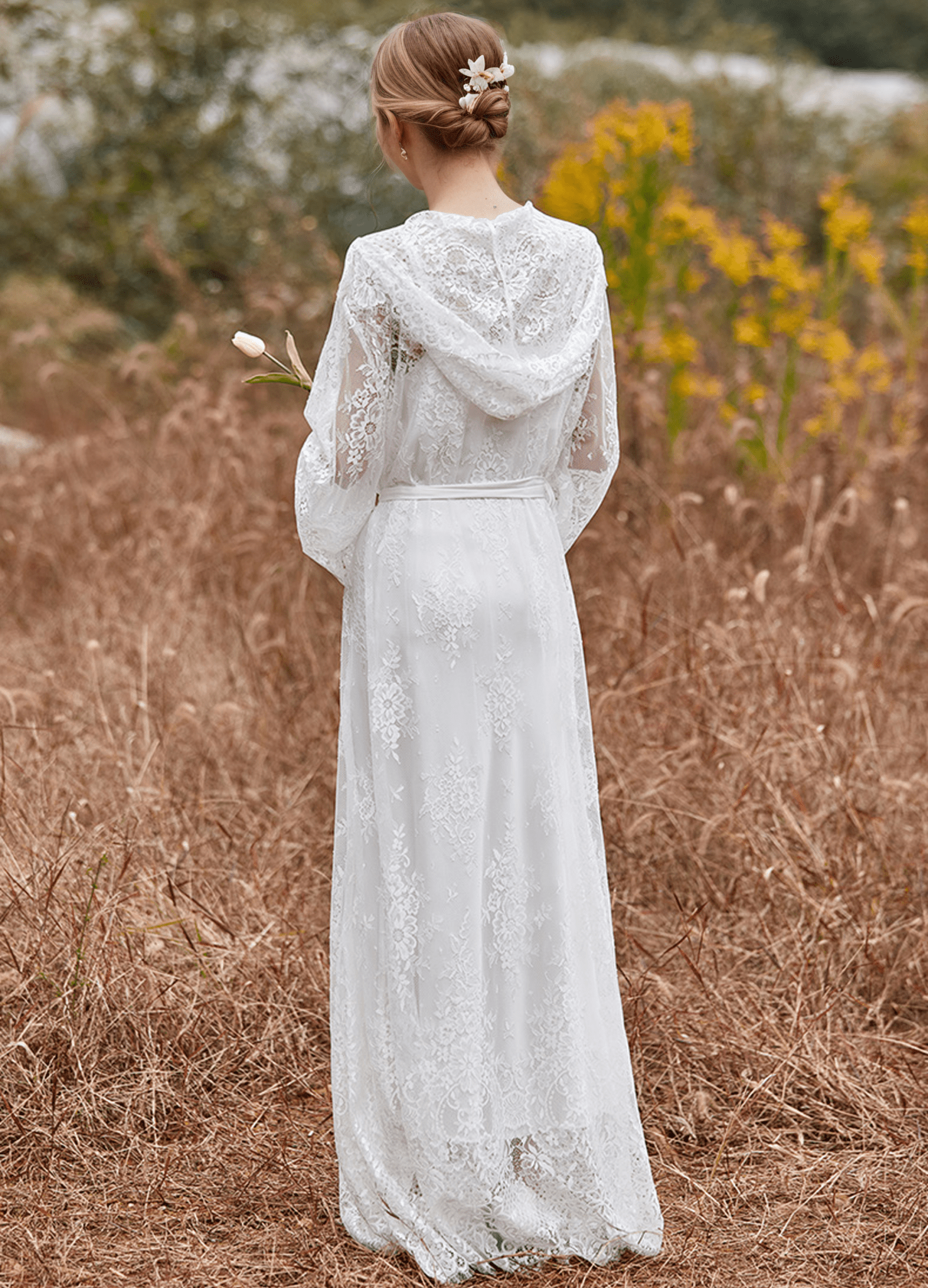 Romantic Floral Lace Hooded Bridal Robe Set – Long Sheer Lace Cover-Up with Satin Slip - Luzilly Bridal & Apparel