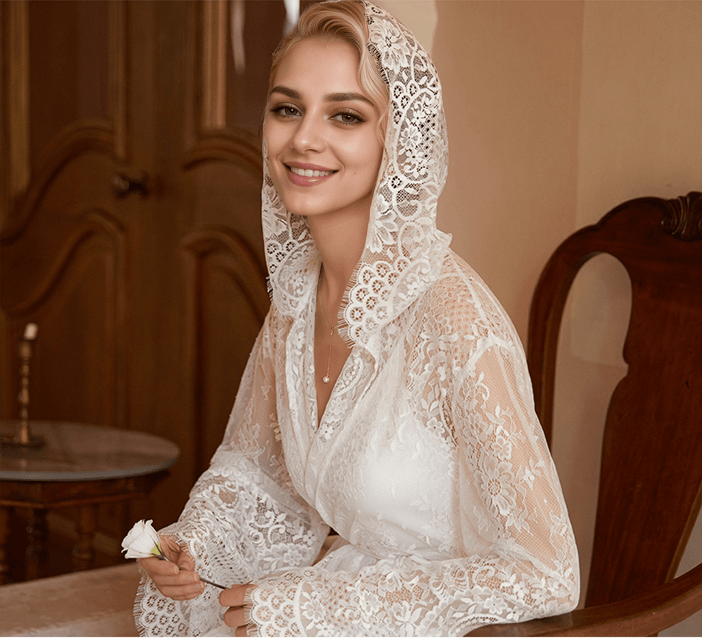 Romantic Floral Lace Hooded Bridal Robe Set – Long Sheer Lace Cover-Up with Satin Slip - Luzilly Bridal & Apparel