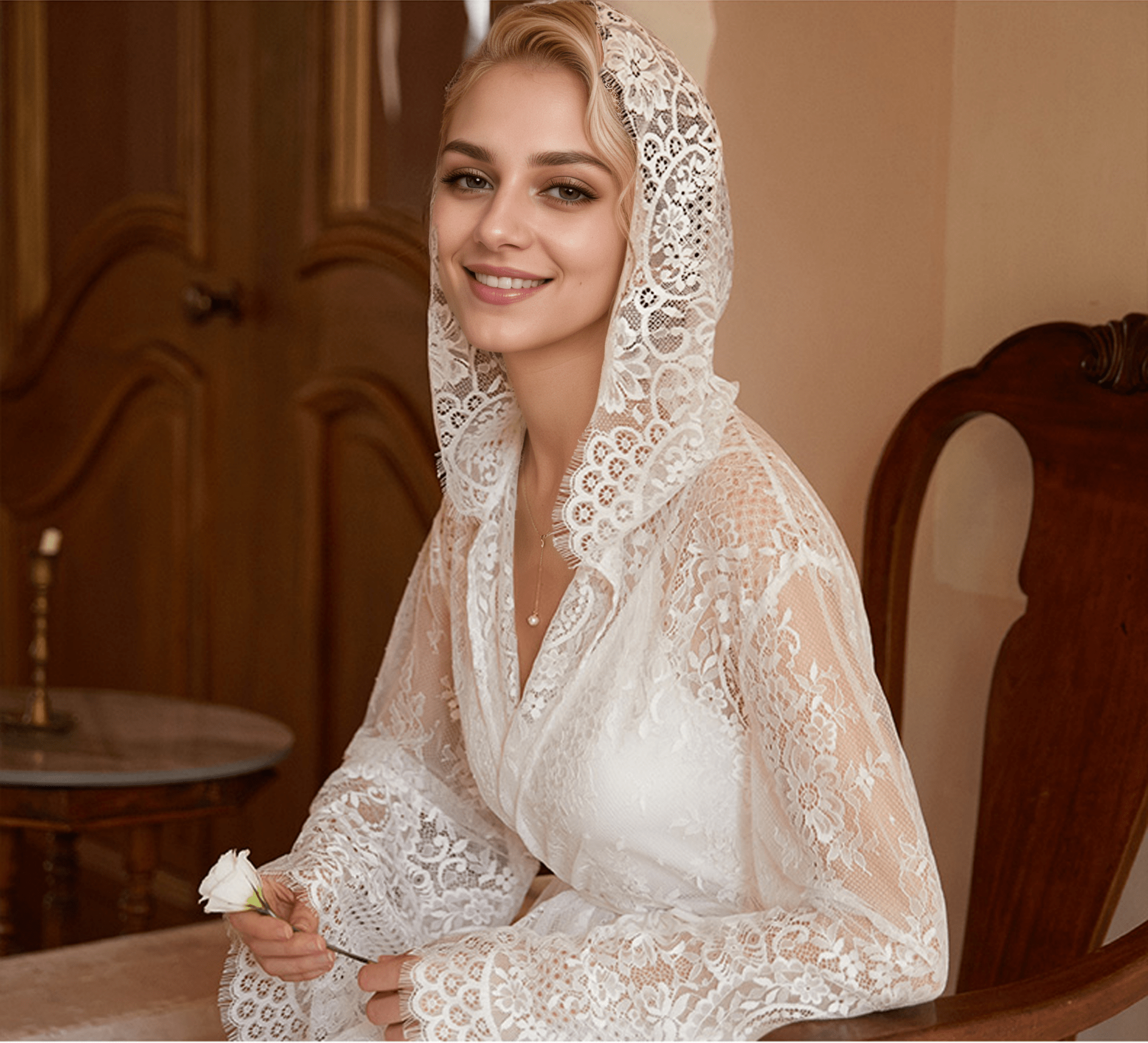 Romantic Floral Lace Hooded Bridal Robe Set – Long Sheer Lace Cover-Up with Satin Slip - Luzilly Bridal & Apparel