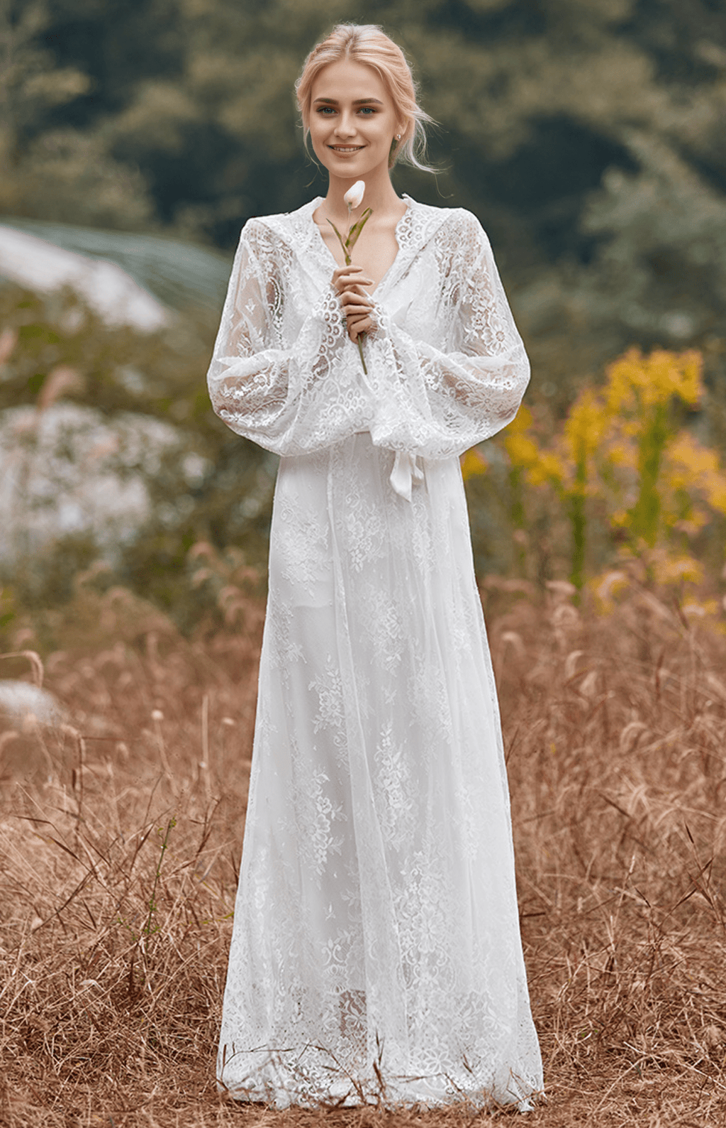 Romantic Floral Lace Hooded Bridal Robe Set – Long Sheer Lace Cover-Up with Satin Slip - Luzilly Bridal & Apparel