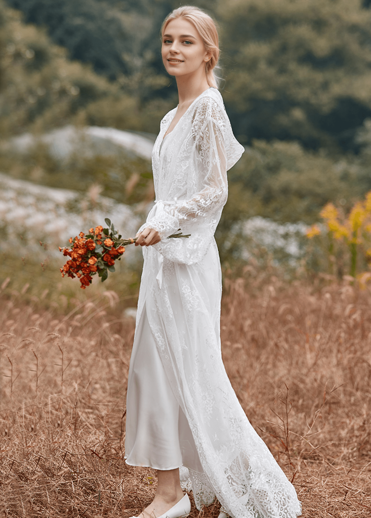 Romantic Floral Lace Hooded Bridal Robe Set – Long Sheer Lace Cover-Up with Satin Slip - Luzilly Bridal & Apparel
