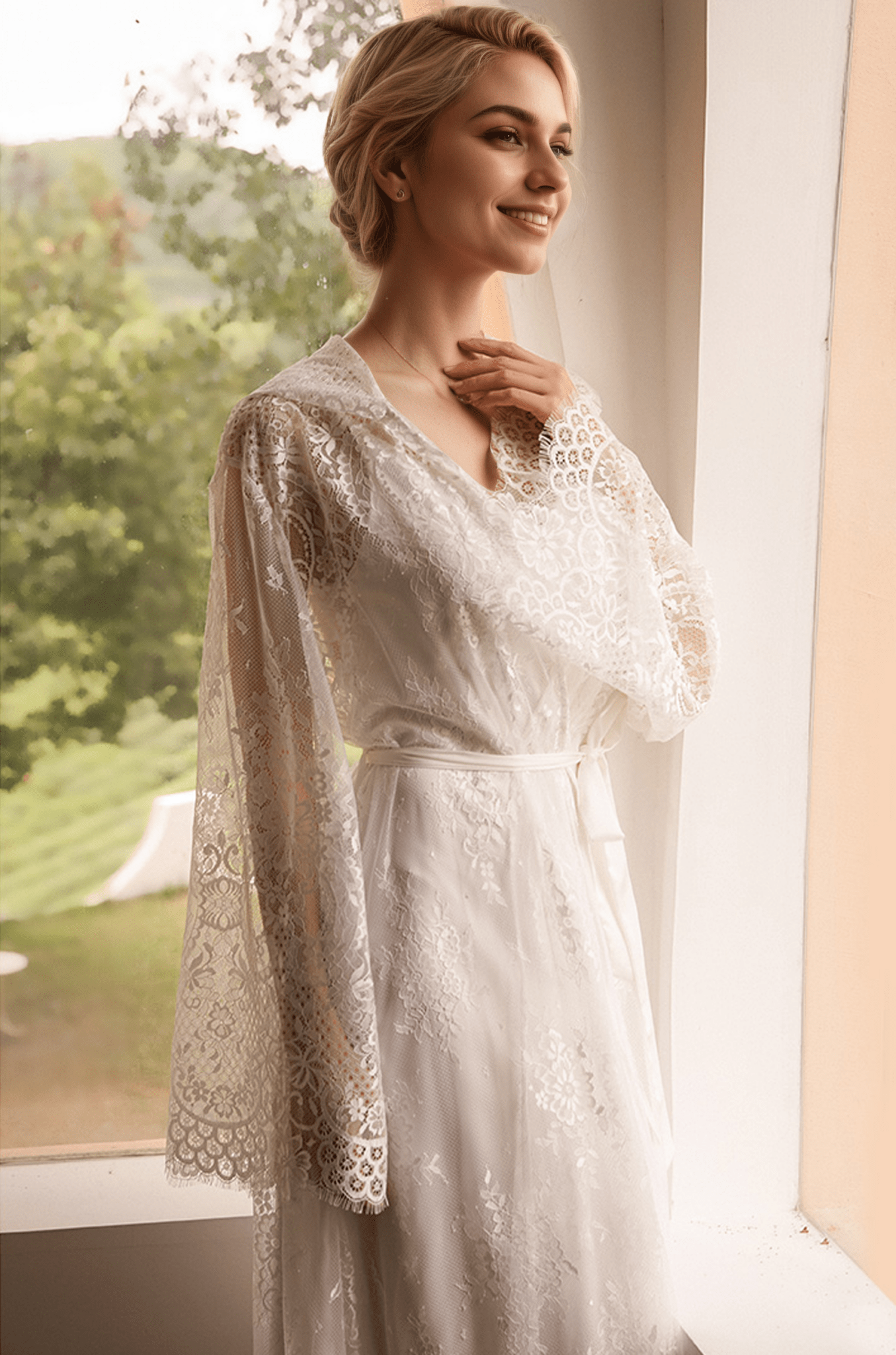 Romantic Floral Lace Hooded Bridal Robe Set – Long Sheer Lace Cover-Up with Satin Slip - Luzilly Bridal & Apparel