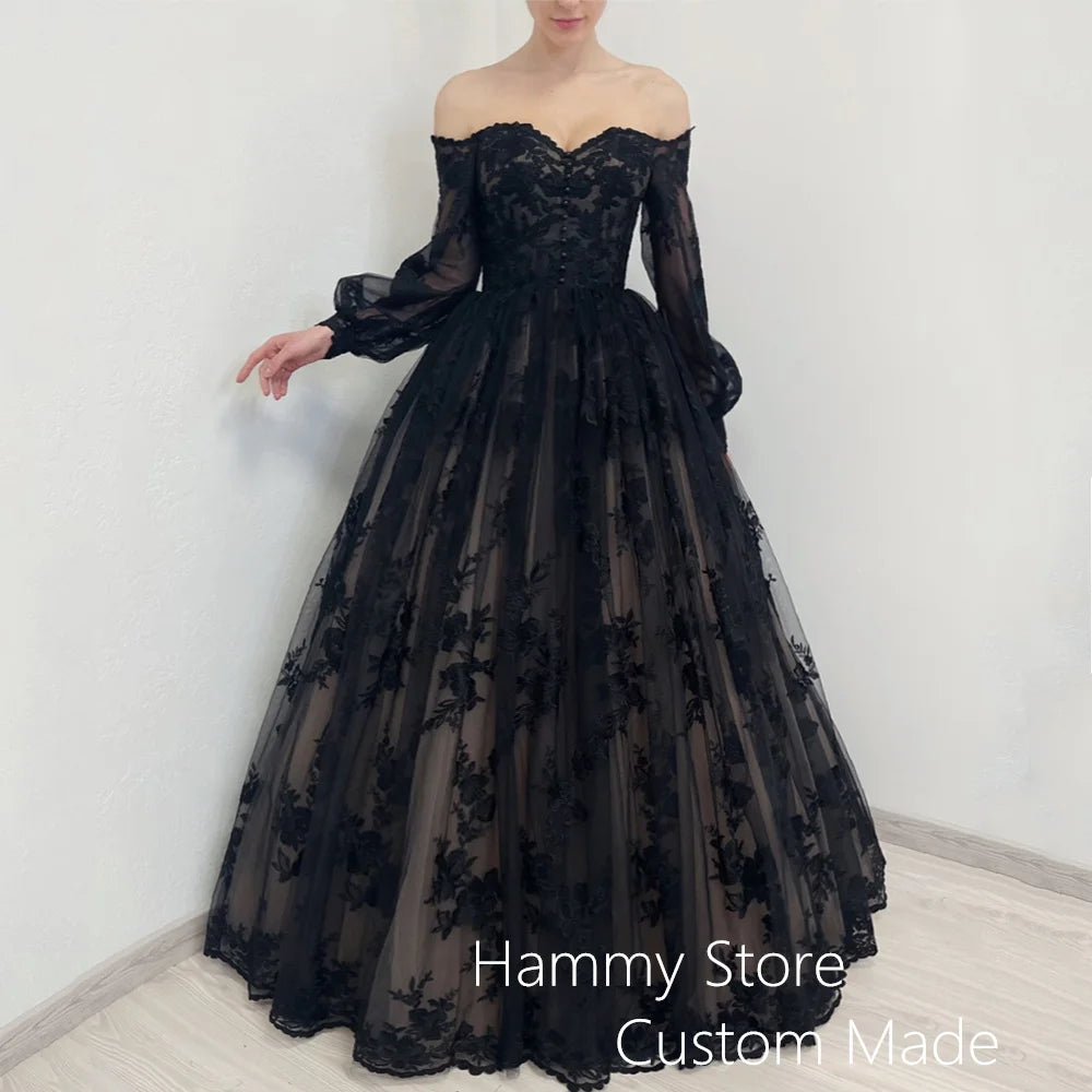 Romantic Gothic Wedding Dress Woman Puff Sleeves Sweetheart Applique Floor Length Corset Black Bridal Gown Vestido De Noiva - Luzilly Bridal & Apparel