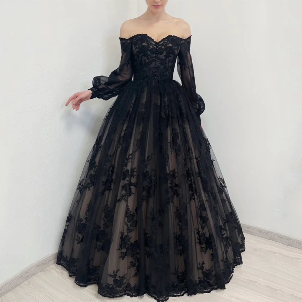 Romantic Gothic Wedding Dress Woman Puff Sleeves Sweetheart Applique Floor Length Corset Black Bridal Gown Vestido De Noiva - Luzilly Bridal & Apparel