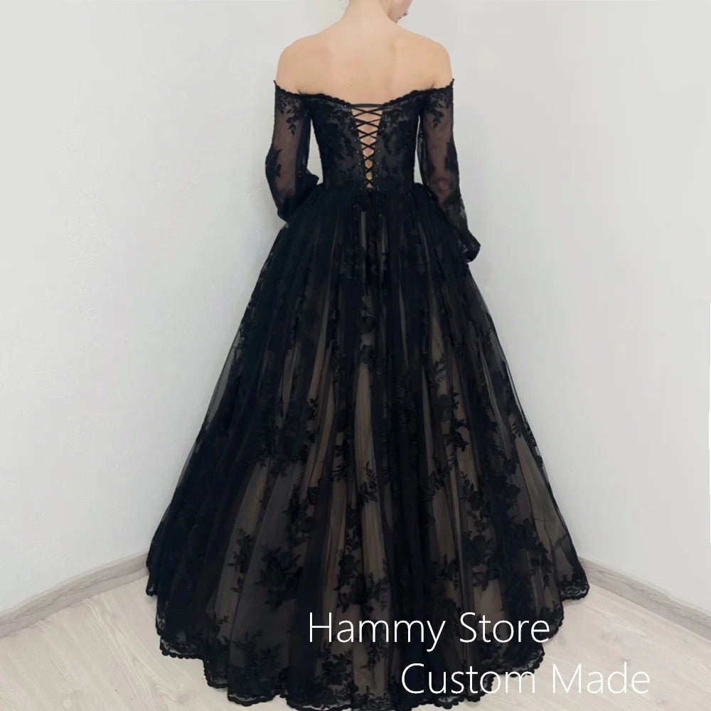 Romantic Gothic Wedding Dress Woman Puff Sleeves Sweetheart Applique Floor Length Corset Black Bridal Gown Vestido De Noiva - Luzilly Bridal & Apparel