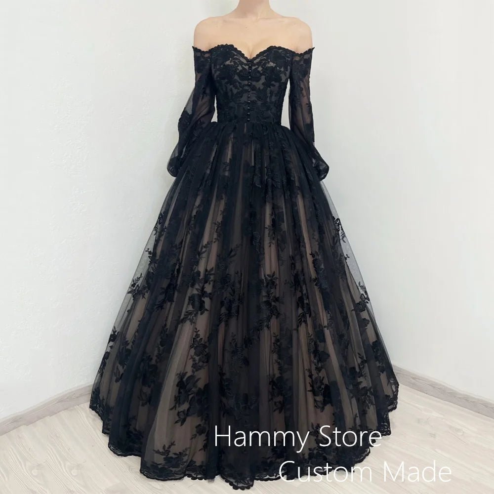 Romantic Gothic Wedding Dress Woman Puff Sleeves Sweetheart Applique Floor Length Corset Black Bridal Gown Vestido De Noiva - Luzilly Bridal & Apparel