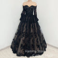 Romantic Gothic Wedding Dress Woman Puff Sleeves Sweetheart Applique Floor Length Corset Black Bridal Gown Vestido De Noiva - Luzilly Bridal & Apparel
