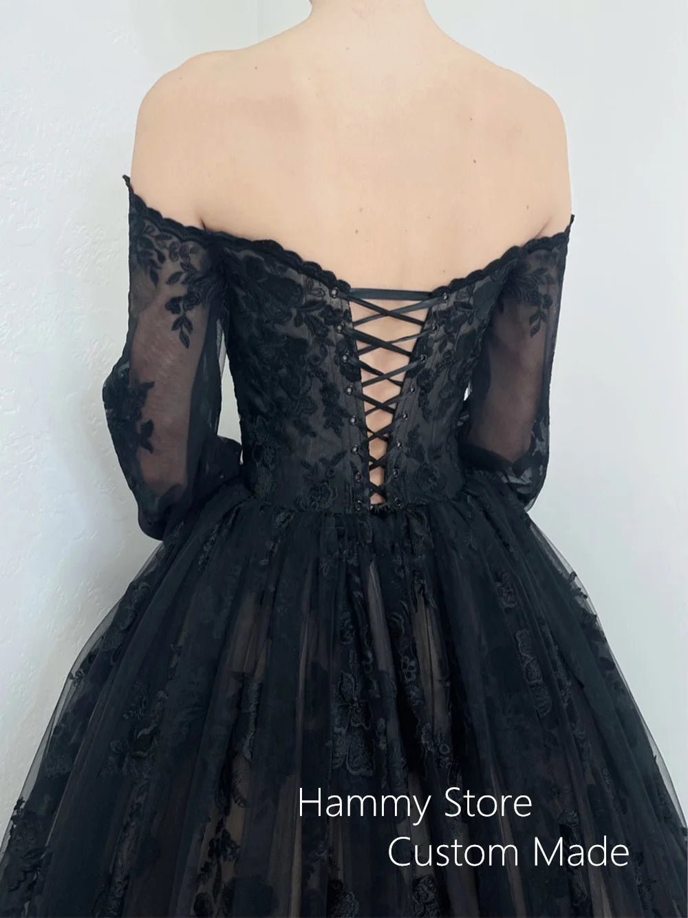 Romantic Gothic Wedding Dress Woman Puff Sleeves Sweetheart Applique Floor Length Corset Black Bridal Gown Vestido De Noiva - Luzilly Bridal & Apparel