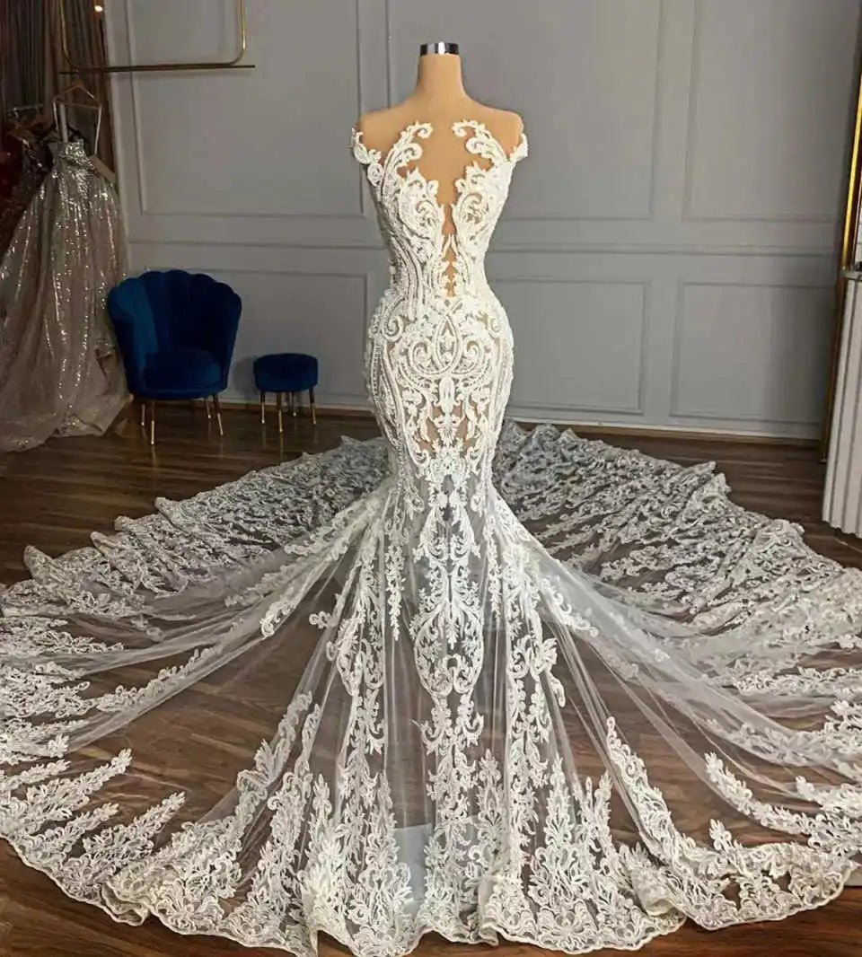 Romantic Lace Embroidery Mermaid Wedding Dress Off-Shoulder Sheer Tulle Cathedral Train Bridal Gown Vestido De Novia Customized - Luzilly Bridal & Apparel