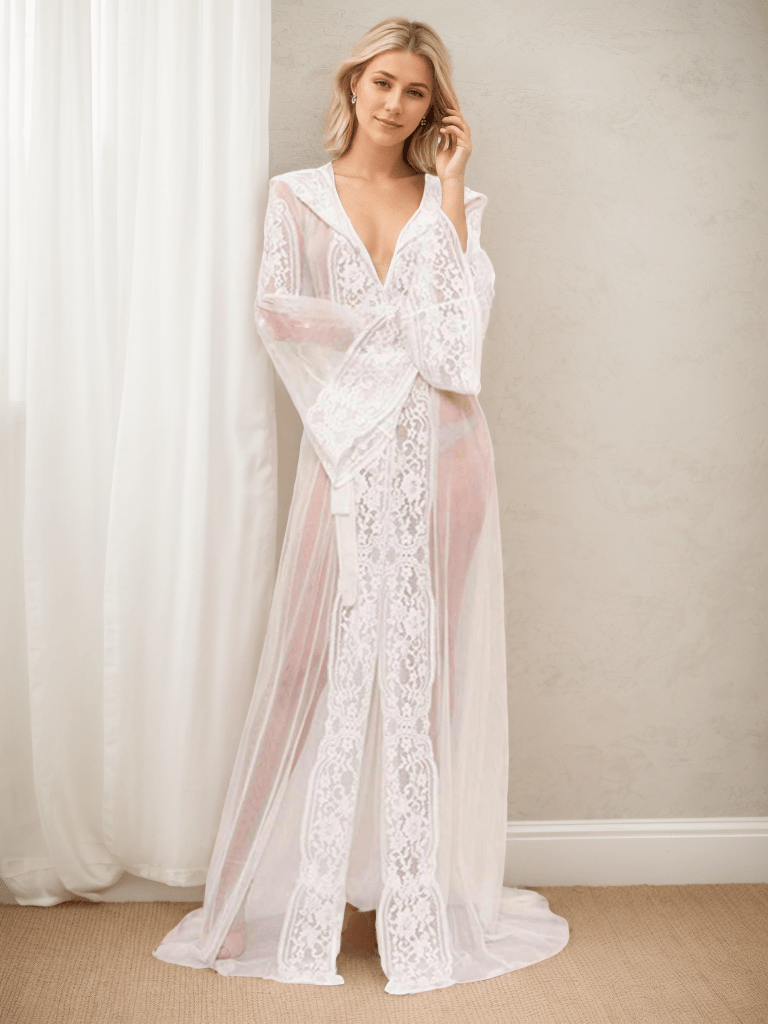 Romantic Sheer Lace Bridal Robe with cap and Bell Sleeves - Luzilly Bridal & Apparel