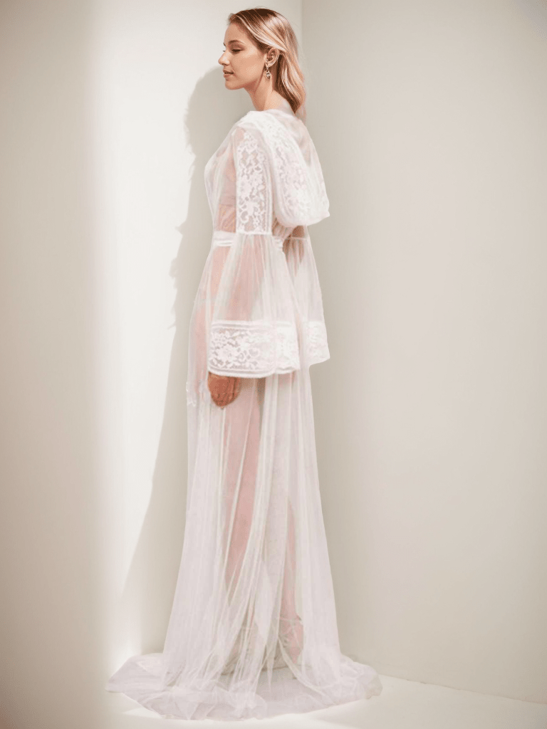 Romantic Sheer Lace Bridal Robe with cap and Bell Sleeves - Luzilly Bridal & Apparel