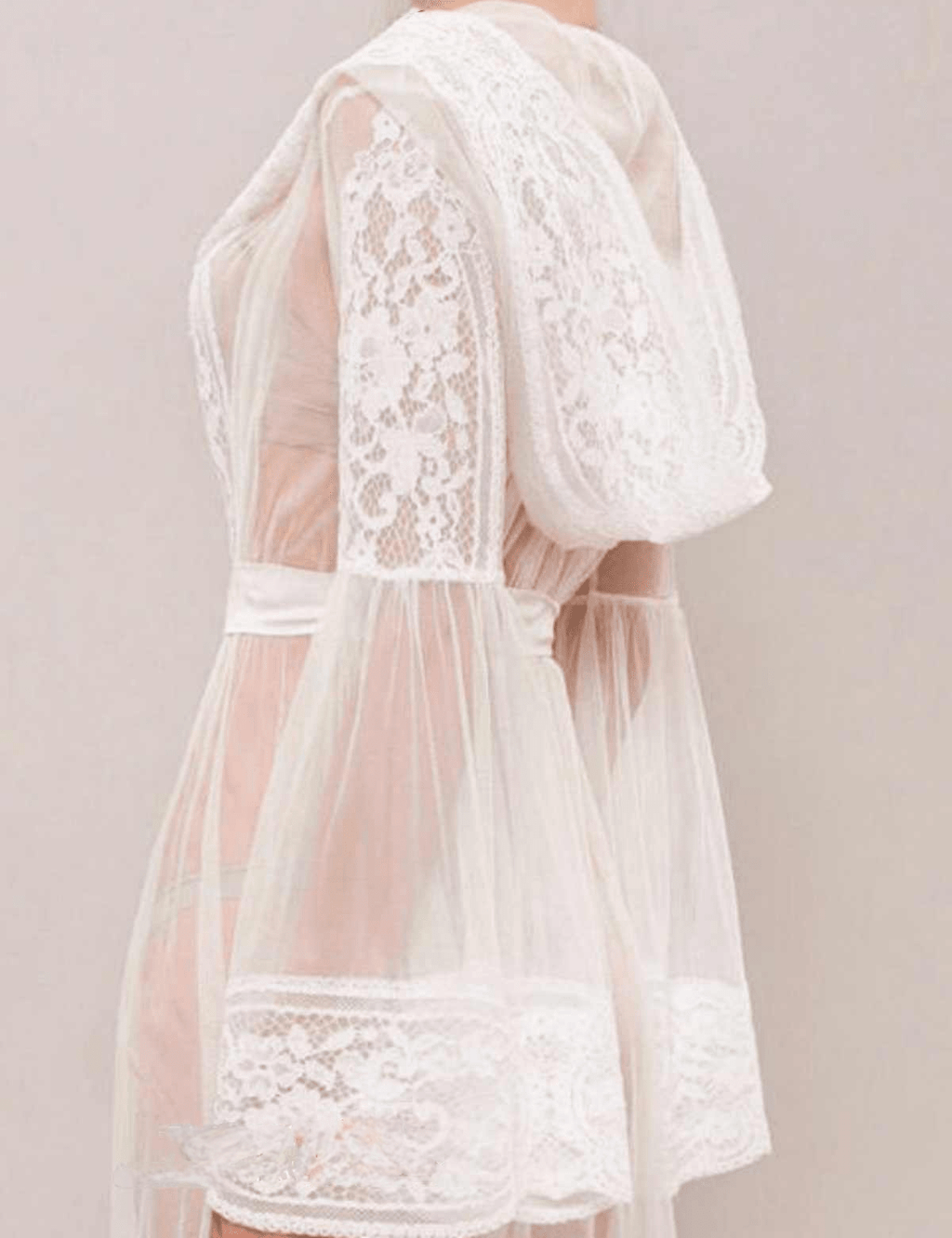 Romantic Sheer Lace Bridal Robe with cap and Bell Sleeves - Luzilly Bridal & Apparel