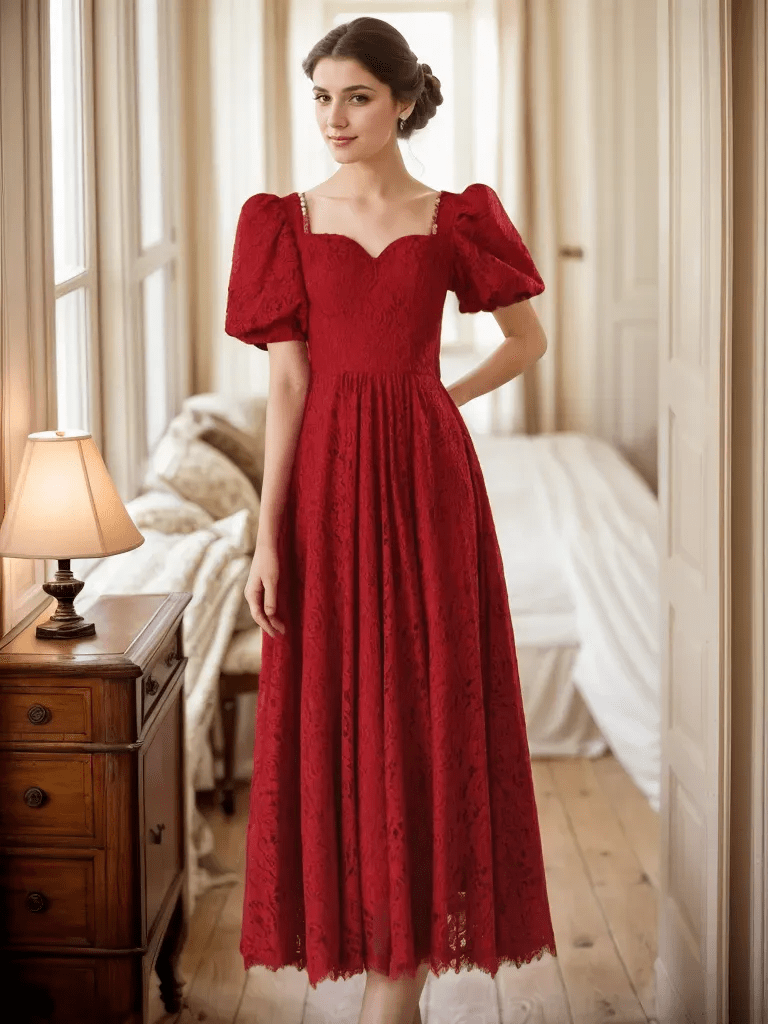 Romantic Vintage-Inspired Ruby Red Lace Midi Dress with Puff Sleeves - Luzilly Bridal & Apparel