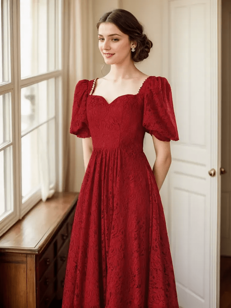 Romantic Vintage-Inspired Ruby Red Lace Midi Dress with Puff Sleeves - Luzilly Bridal & Apparel