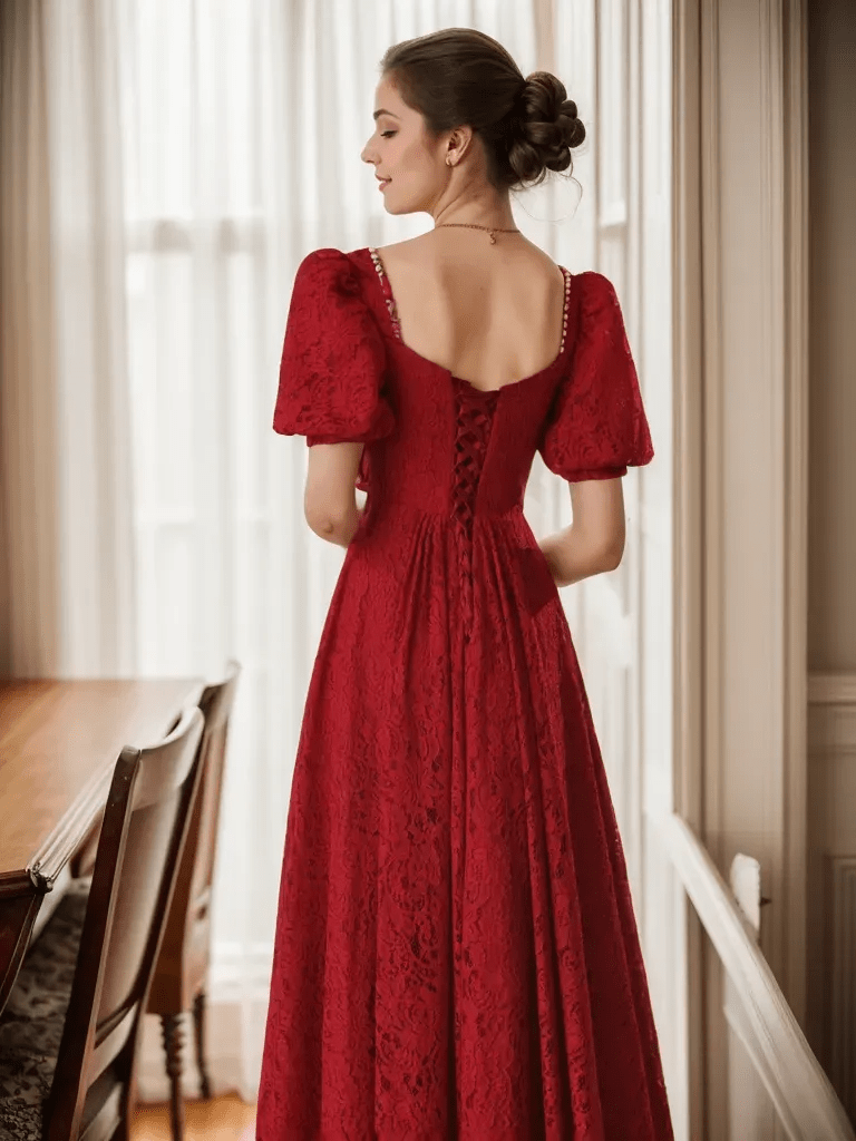 Romantic Vintage-Inspired Ruby Red Lace Midi Dress with Puff Sleeves - Luzilly Bridal & Apparel