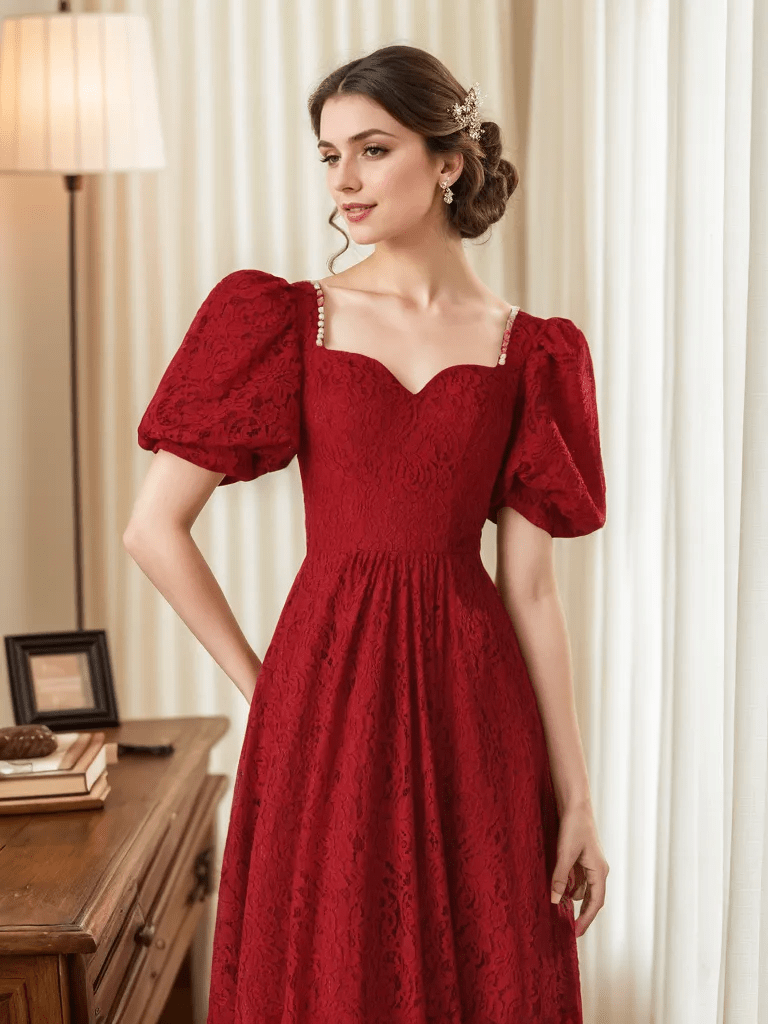 Romantic Vintage-Inspired Ruby Red Lace Midi Dress with Puff Sleeves - Luzilly Bridal & Apparel