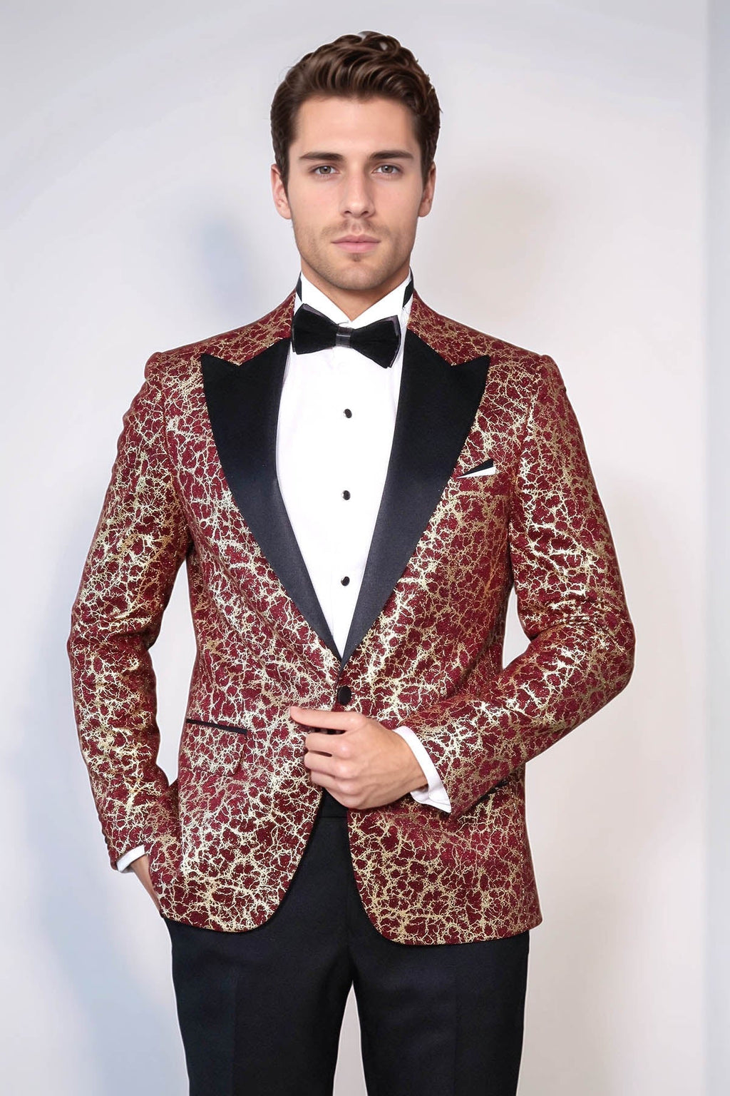Root Pattern Peak Lapel Burgundy Men Party Blazer - Wessi - Luzilly Bridal & Apparel