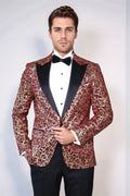 Root Pattern Peak Lapel Burgundy Men Party Blazer - Wessi - Luzilly Bridal & Apparel