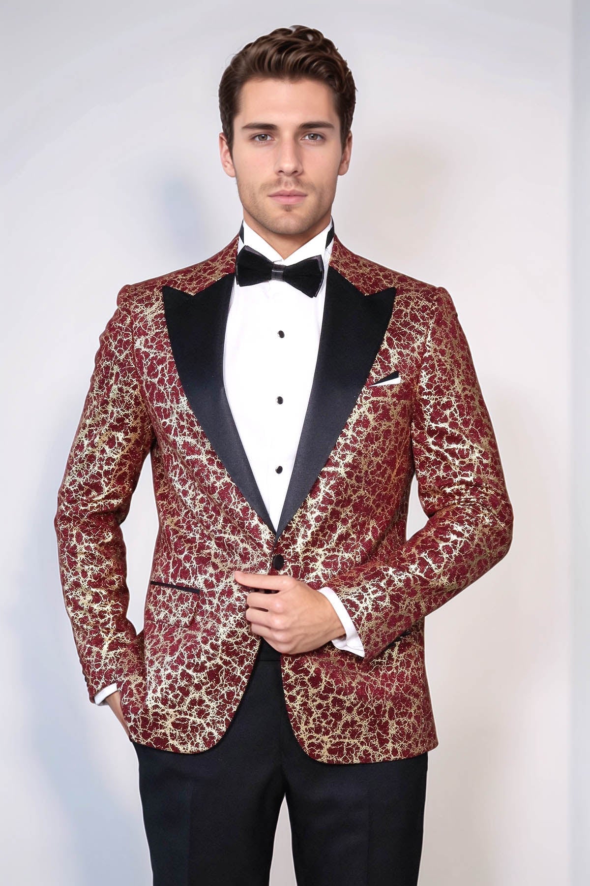 Root Pattern Peak Lapel Burgundy Men Party Blazer - Wessi - Luzilly Bridal & Apparel