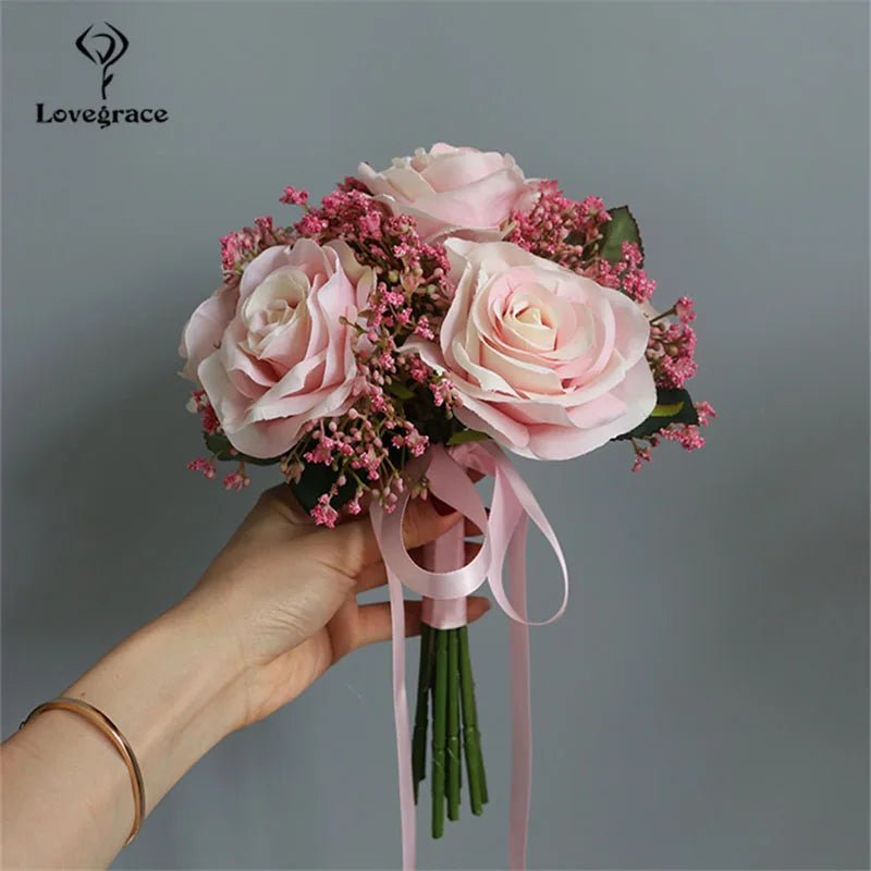 Rose and Baby's Breath Bridal Bouquet in 16 Colors - Luzilly Bridal & Apparel