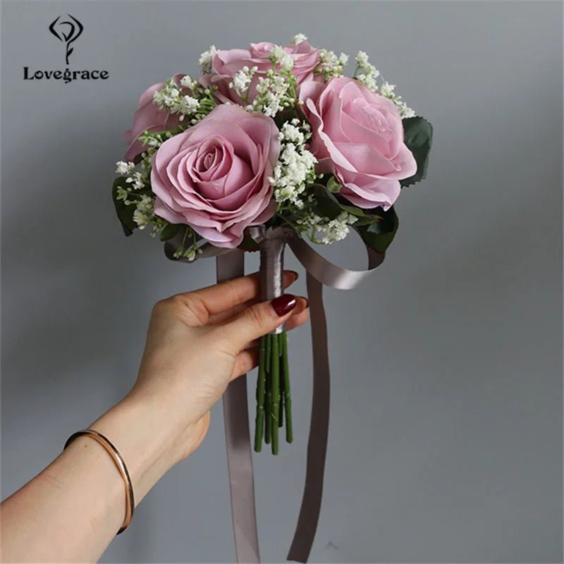 Rose and Baby's Breath Bridal Bouquet in 16 Colors - Luzilly Bridal & Apparel