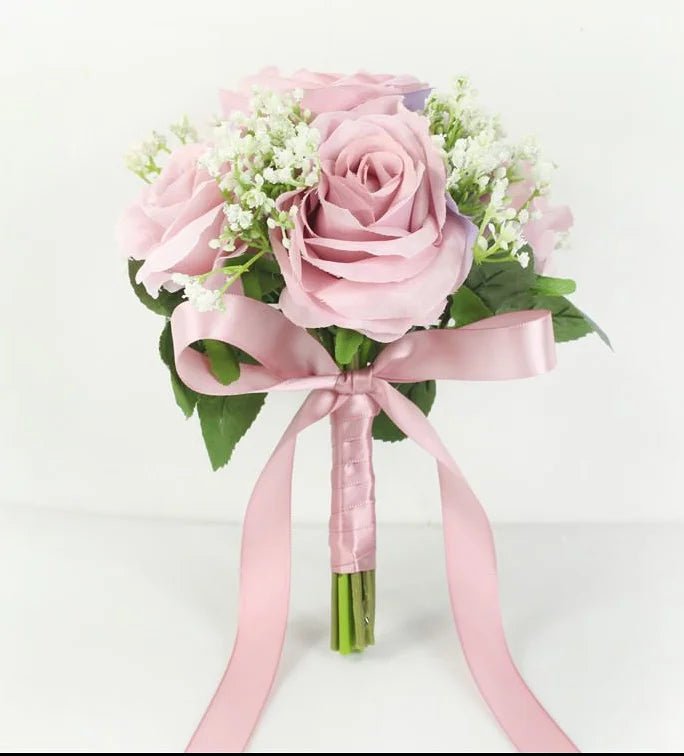Rose and Baby's Breath Bridal Bouquet in 16 Colors - Luzilly Bridal & Apparel