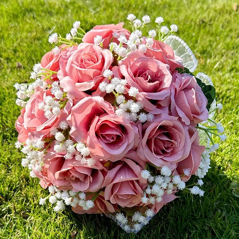 Rose & Baby's Breath Bouquet with Pearl Lace Ribbon - Luzilly Bridal & Apparel