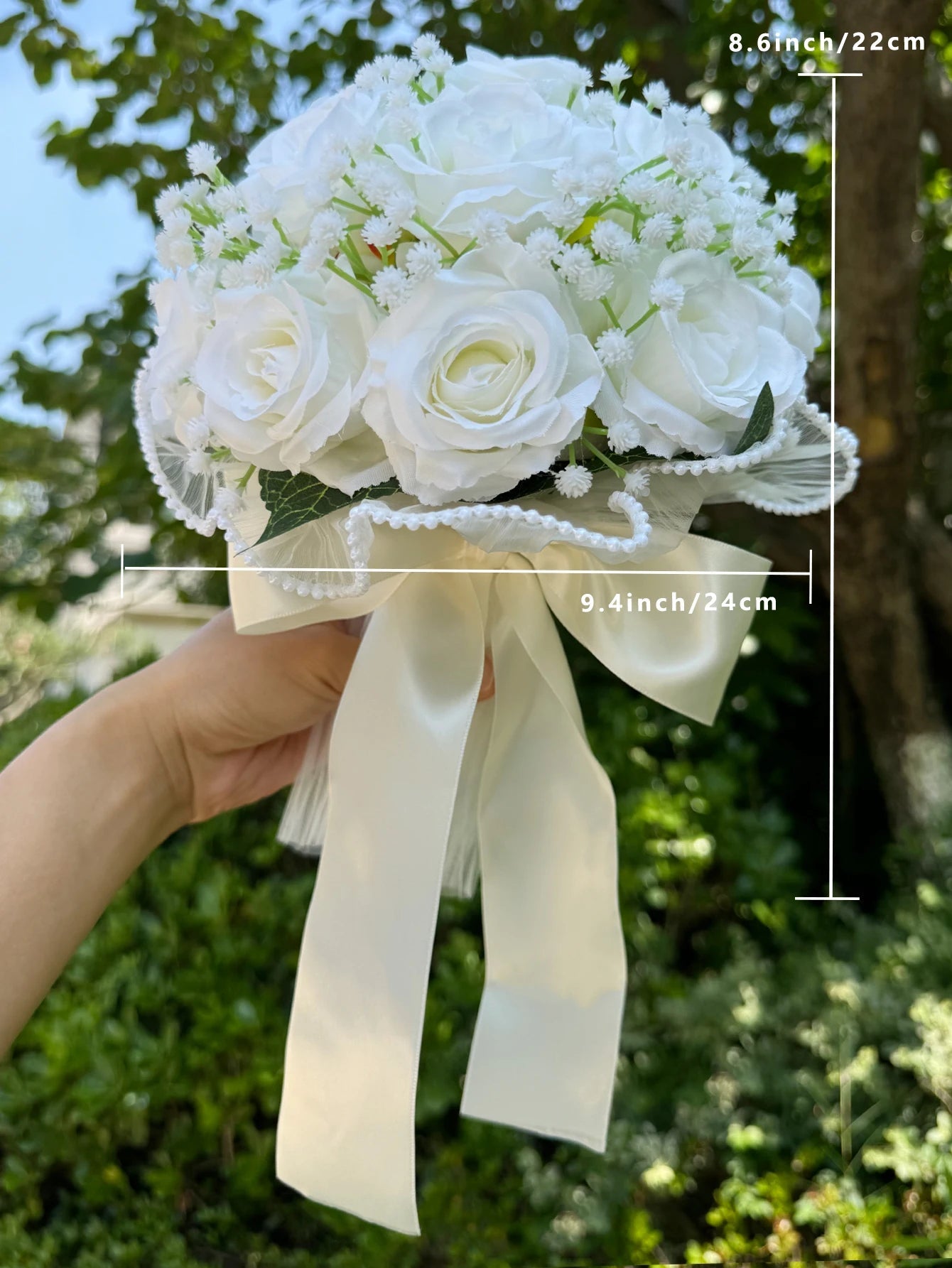 Rose & Baby's Breath Bouquet with Pearl Lace Ribbon - Luzilly Bridal & Apparel